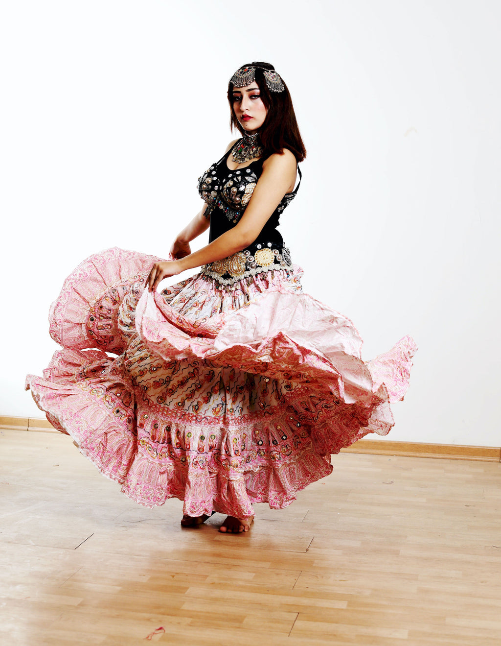 Block print skirt Pink embroidered with mirrors WLS