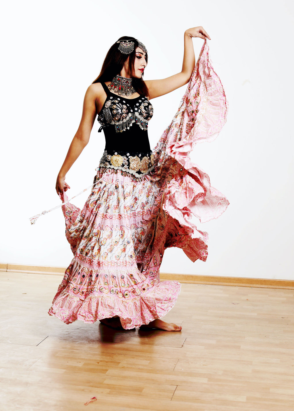 Block print skirt Pink embroidered with mirrors