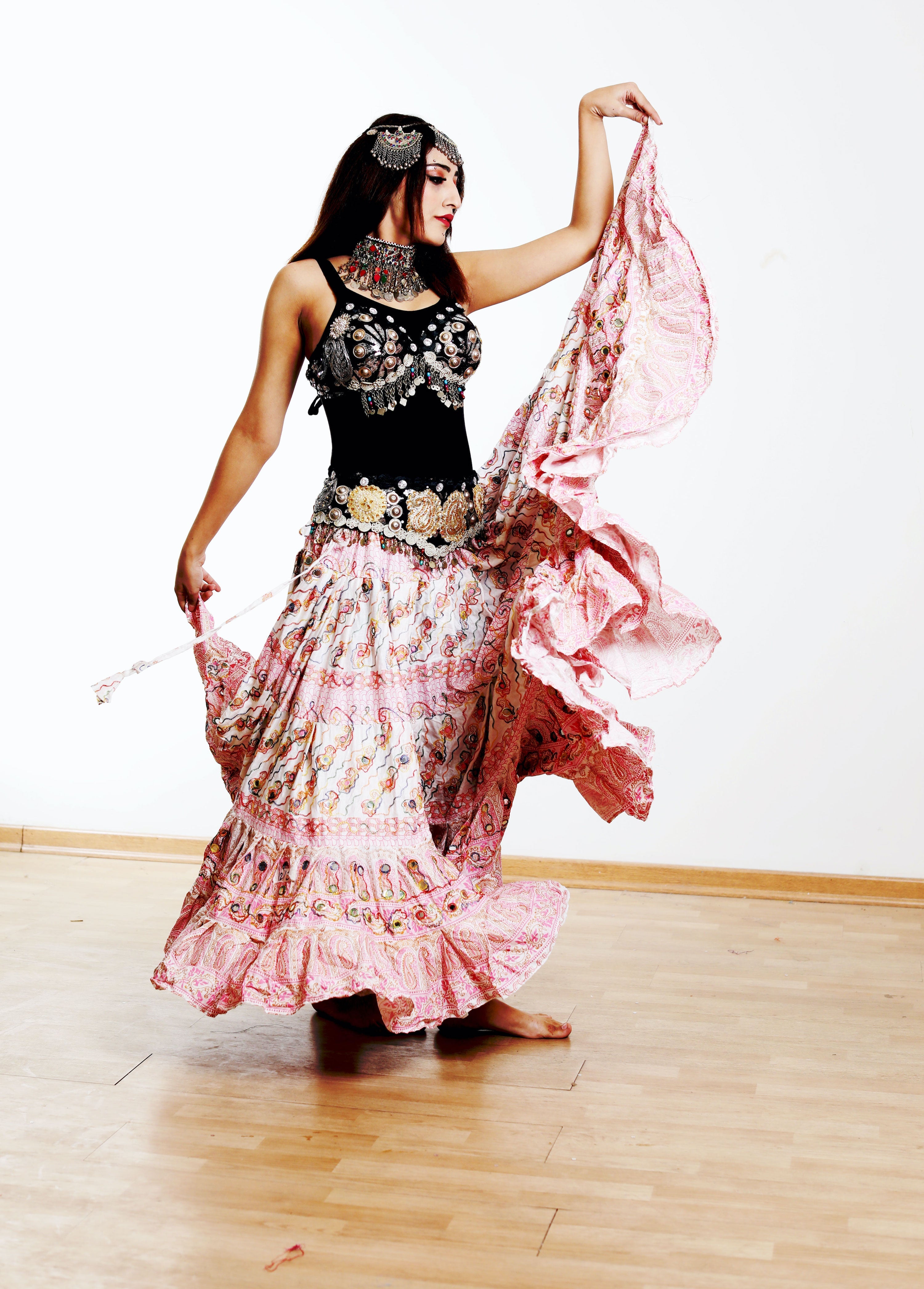 Block print skirt Pink embroidered with mirrors