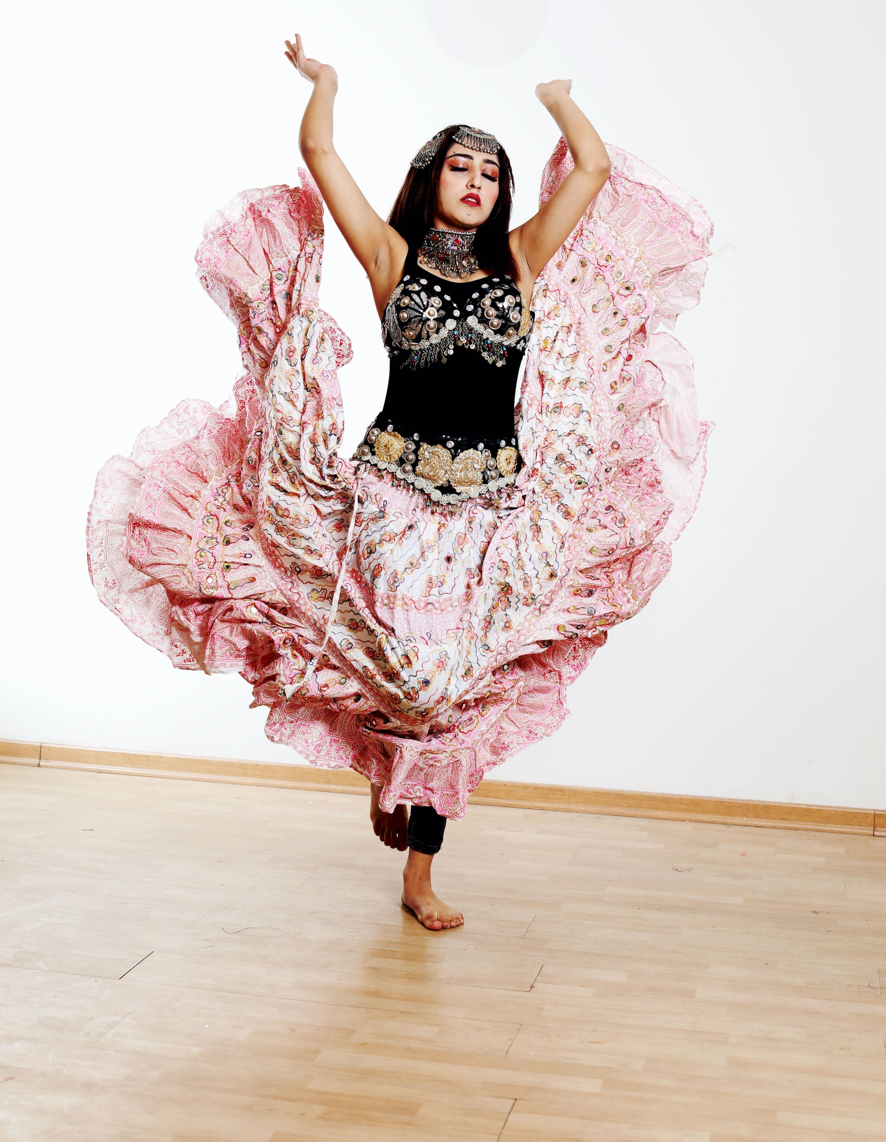 Block print skirt Pink embroidered with mirrors WLS