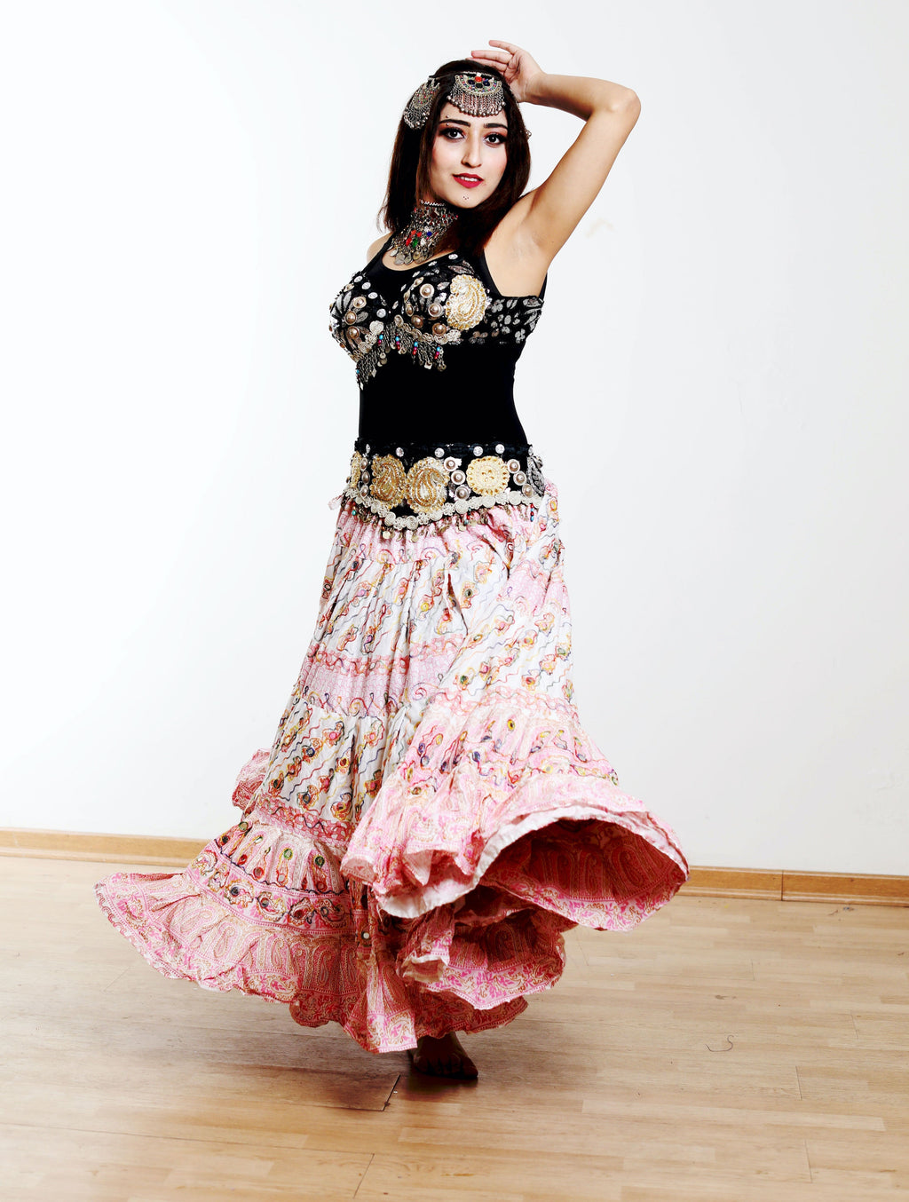 Block print skirt Pink embroidered with mirrors WLS