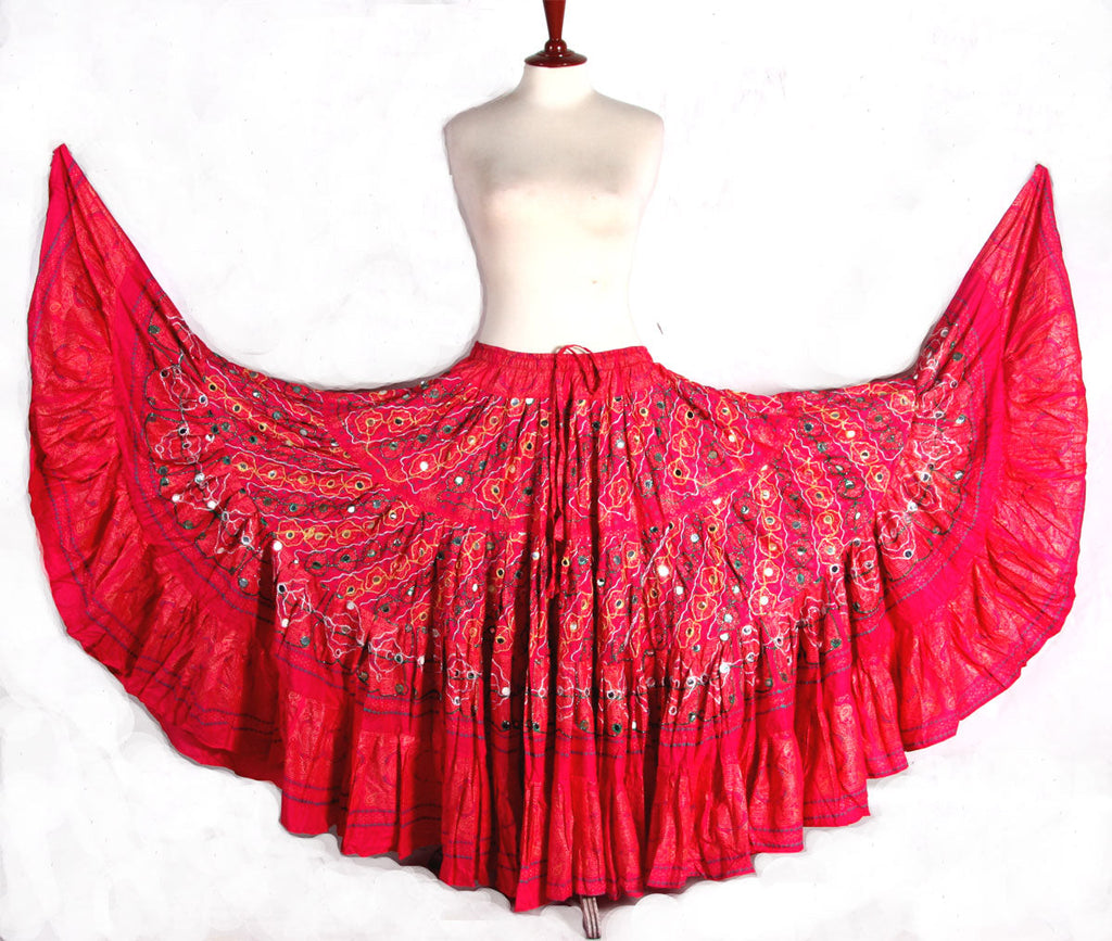 Block  Printed Skirt plus Embroidered With Mirror Pink