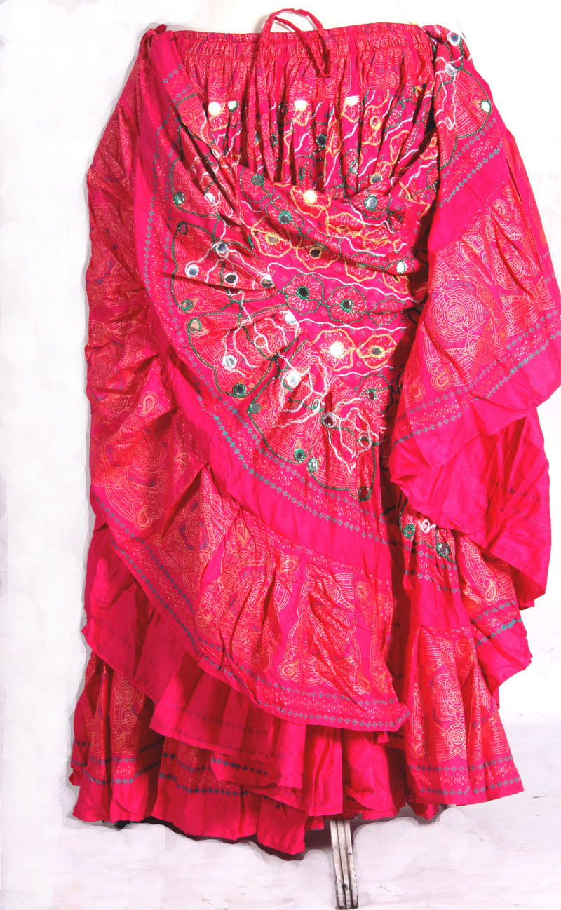 Block  Printed Skirt plus Embroidered With Mirror Pink