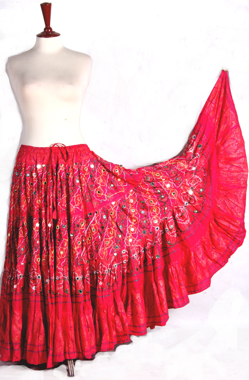 Block  Printed Skirt plus Embroidered With Mirror Pink