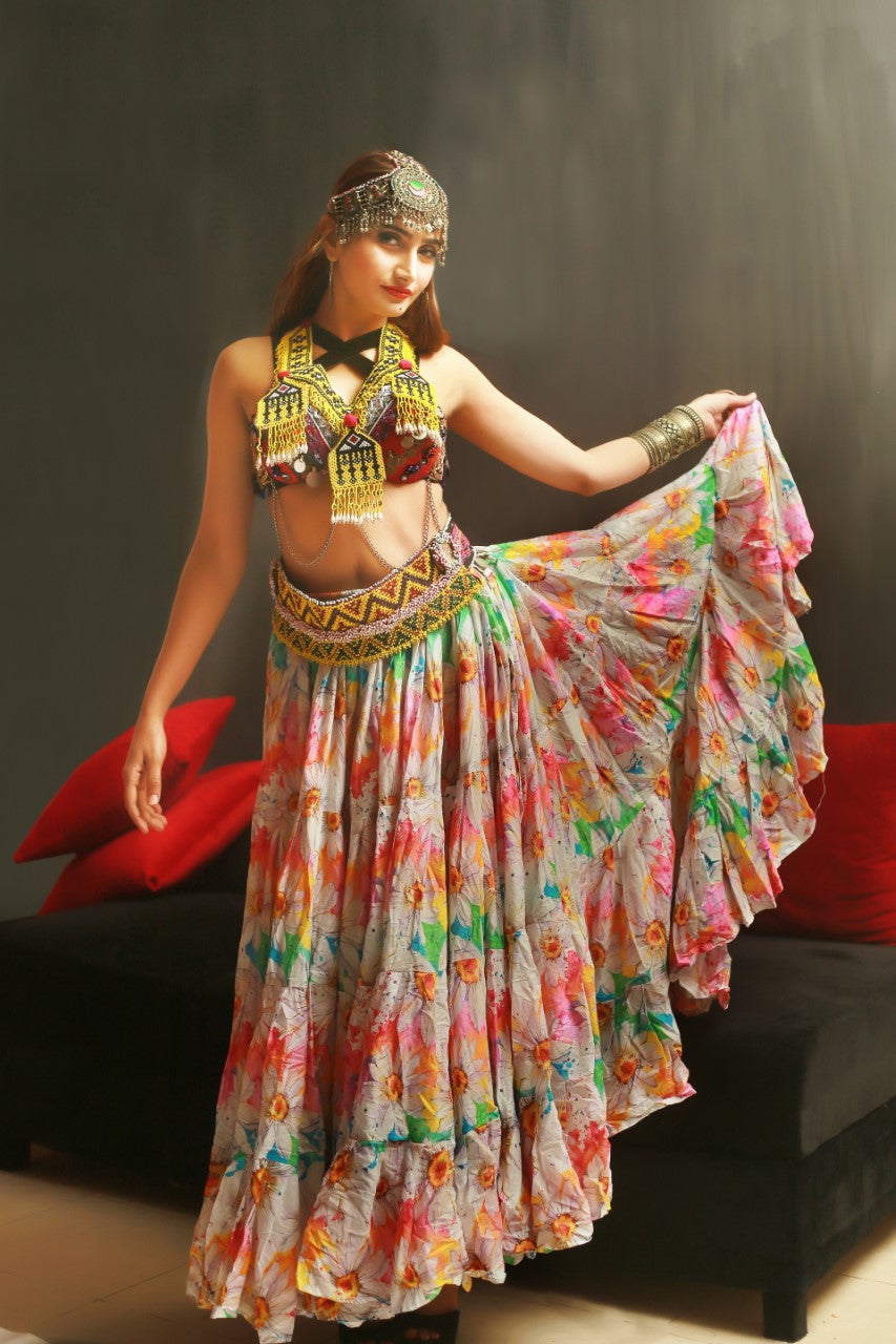 Digital print white floral skirt WLS