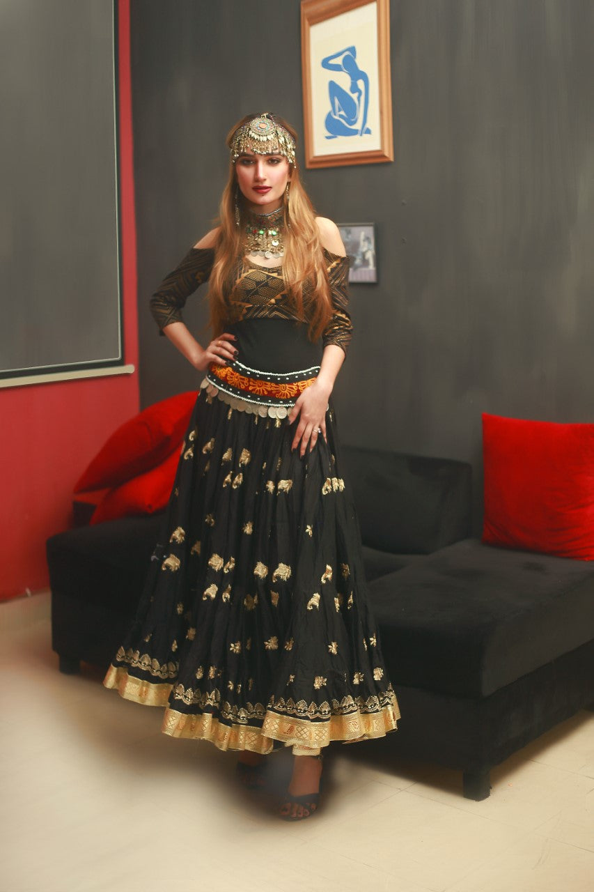Black skirt with gold embroidery and gold border WLS
