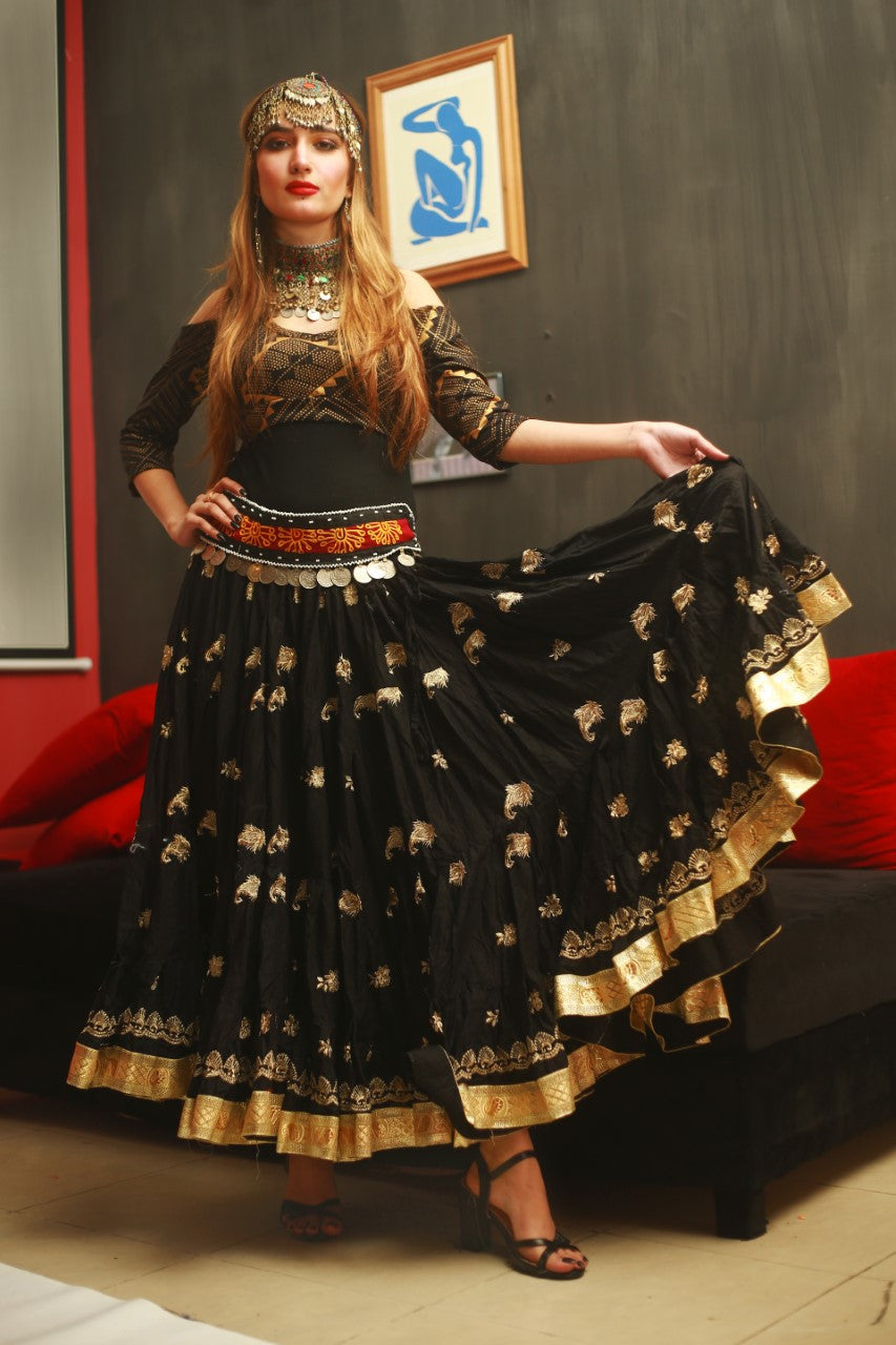 Black skirt with gold embroidery and gold border WLS