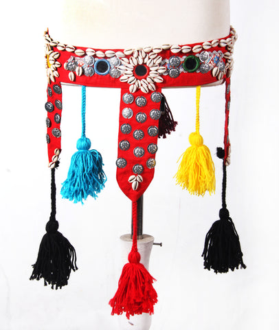 Tribal Shell & Wool  Belt (Red)