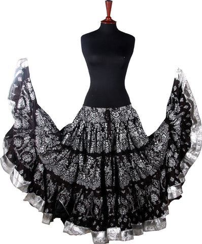 Block print skirt Oriental Border Black/White with silver trim