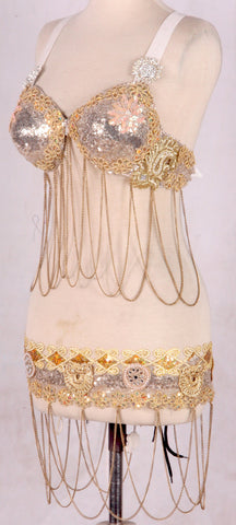 CLEOPATRA BRA and BELT SET in Antique White, Silver and Gold, in