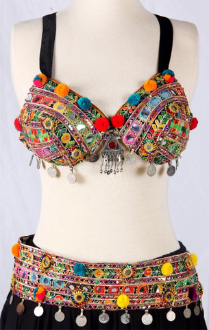 Embroidered multi tassel bra belt set